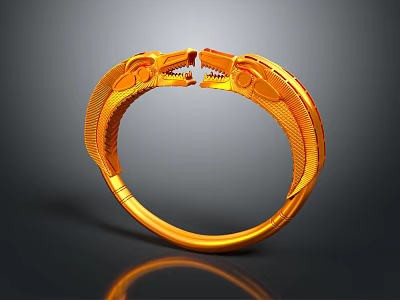 Detailed Artistic Golden Dragon Heads Intertwined Biting Forming Unique Circular Ring 3d model