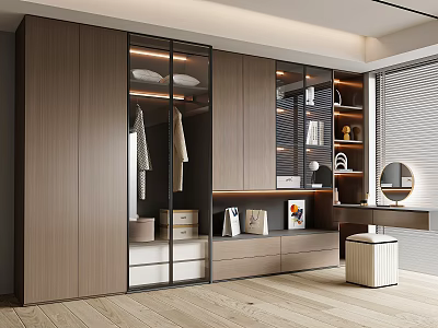 Modern Wooden Wardrobe with Glass Doors Drawers Shelves and Dressing Table Mirror 3d model