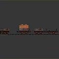 Detailed miniature model train track with orange and black carriages on metal rails
