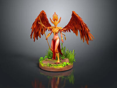 Phoenix Inspired Female Character With Red Feathered Wings Flame Headdress And Staff On Grass Base 3d model