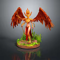 Phoenix Inspired Female Character With Red Feathered Wings Flame Headdress And Staff On Grass Base