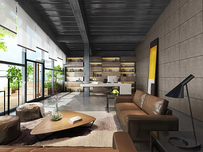 Industrial Style Office Open Space With Large Windows Green Plants Bookshelves And Brown Leather Sofa 3d model