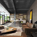 Industrial Style Office Open Space With Large Windows Green Plants Bookshelves And Brown Leather Sofa