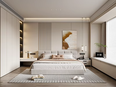 Modern Minimalist Bedroom Interior With Bed Nightstands Abstract Painting Large Window And Area Rug 3d model