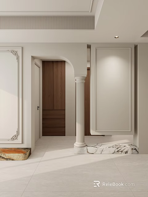 Elegant Modern Entryway Hallway Interior With White Paneled Walls Wooden Door And Decorative Column 3d model 