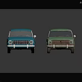 Two Blue and Green Vintage Toy Cars with Classic Retro Design