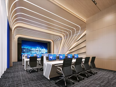 Modern Control Room Interior With Multiple Monitors And Office Chairs 3d model