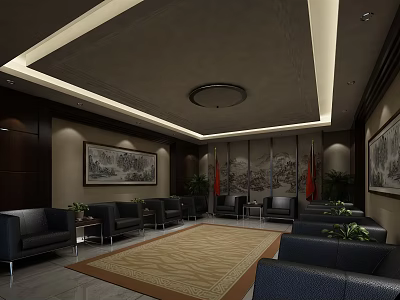 Hotel Public Lounge Area With Dark Leather Sofas Decorative Carpets And Wall Paintings 3d model