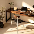 Modern Wooden Desk with Two Laptops Table Lamp Magazines and Small Plant in Natural Light