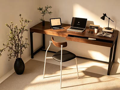 Modern Wooden Desk with Two Laptops Table Lamp Magazines and Small Plant in Natural Light 3d model