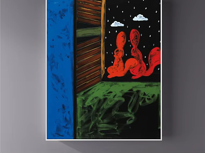 Abstract Painting With Blue Brown Black Red Two Abstract Figures Clouds Frame Structure Green Bottom 3d model