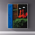 Abstract Painting With Blue Brown Black Red Two Abstract Figures Clouds Frame Structure Green Bottom