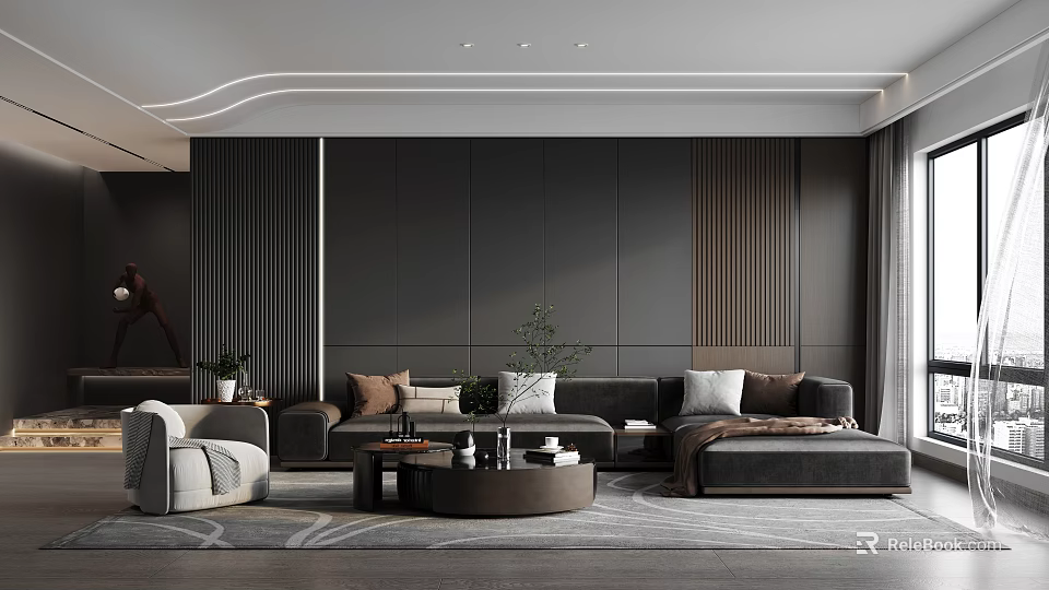 Modern Living Room With Dark Toned Walls Cozy Sofas And Round Coffee Tables 3d model 