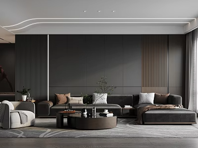 Modern Living Room With Dark Toned Walls Cozy Sofas And Round Coffee Tables 3d model