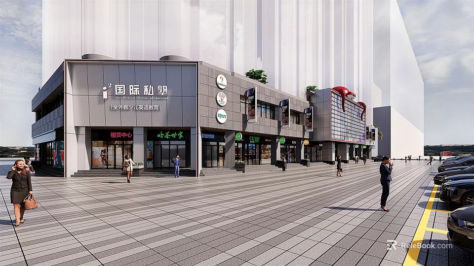 Modern International Commercial Street with Retail Stores Pedestrians and Stone Paved Walkway 3d model 