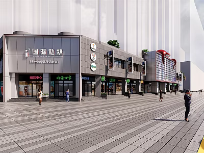 Modern International Commercial Street with Retail Stores Pedestrians and Stone Paved Walkway 3d model
