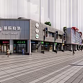 Modern International Commercial Street with Retail Stores Pedestrians and Stone Paved Walkway