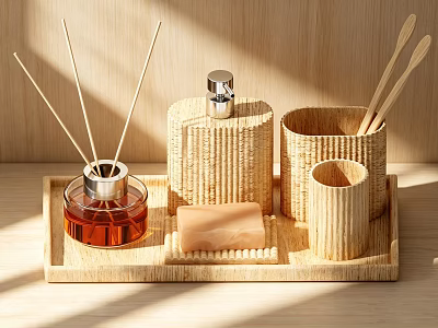Minimalist Natural Bathroom Accessories with Wooden Tray Reed Diffuser Soap Woven Storage 3d model