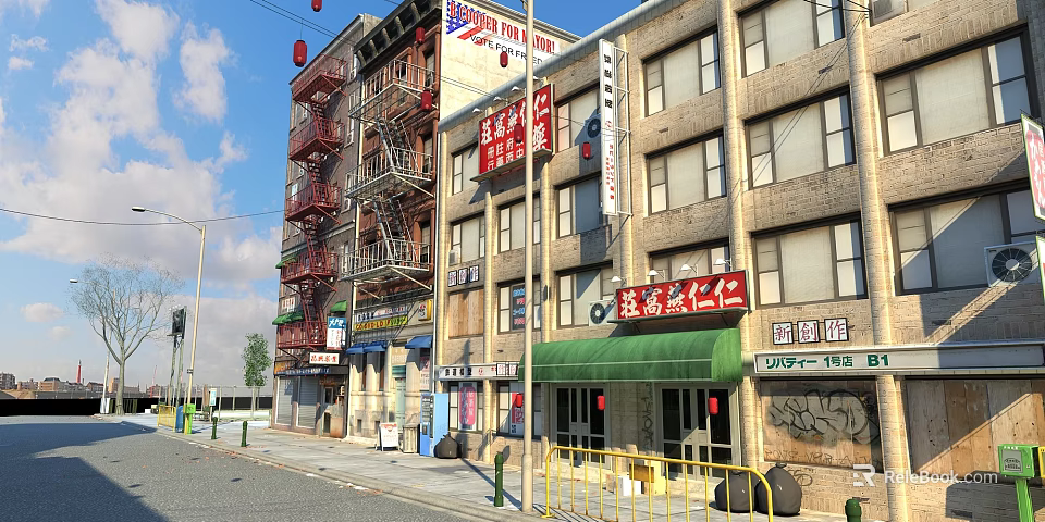 Vibrant Urban Commercial Street With Chinese Signs Red Fire Escapes And Green Awnings 3d model 
