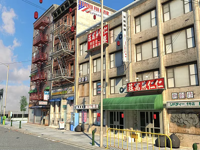 Vibrant Urban Commercial Street With Chinese Signs Red Fire Escapes And Green Awnings 3d model