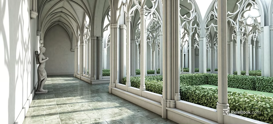 Elevator Hallway Featuring Gothic Arched Columns White Stone Green Shrubs And Marble Flooring 3d model 