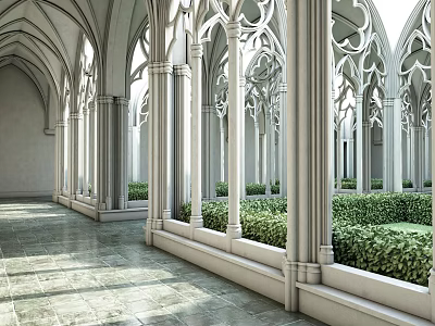 Elevator Hallway Featuring Gothic Arched Columns White Stone Green Shrubs And Marble Flooring 3d model