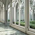 Elevator Hallway Featuring Gothic Arched Columns White Stone Green Shrubs And Marble Flooring 3d model