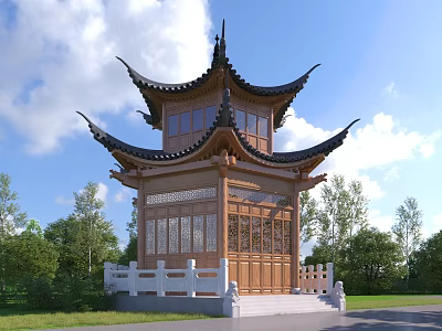 Chinese Traditional Pavilion with Multi-tiered Eaves Wooden Structure Green Trees and Blue Sky 3d model
