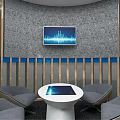 Circular Office Booth With Wooden Frame Table And Chairs And Digital Screen