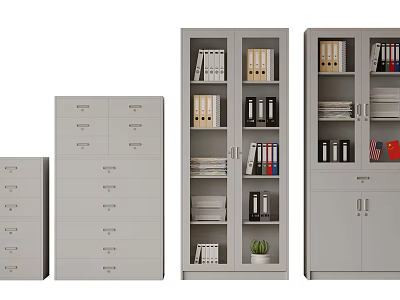Grey Office File Cabinets With Drawers And Glass Doors Storing Folders Books And Potted Plant 3d model