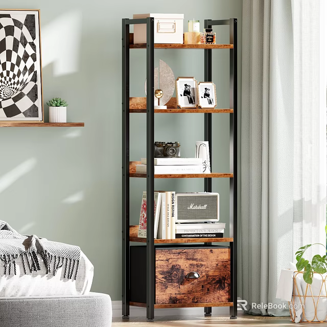 Modern Bookshelf With Wooden Shelves Metal Frame Books Photo Frames And Decorative Items 3d model 