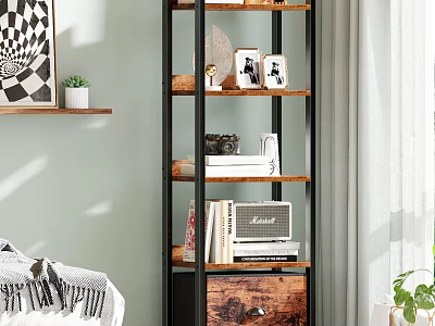 Modern Bookshelf With Wooden Shelves Metal Frame Books Photo Frames And Decorative Items 3d model