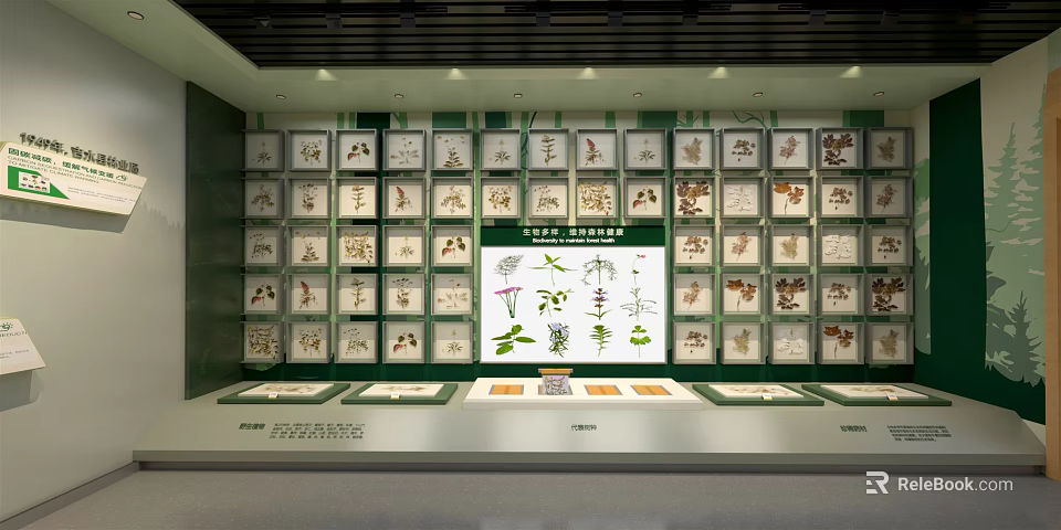 Traditional Chinese Herbal Specimens Exhibition Display With Arranged Shelves And Labeled Boxes 3d model 