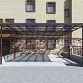 Modern Metal Frame Canopy With Transparent Roof Over Building Entrance And Stone Wall