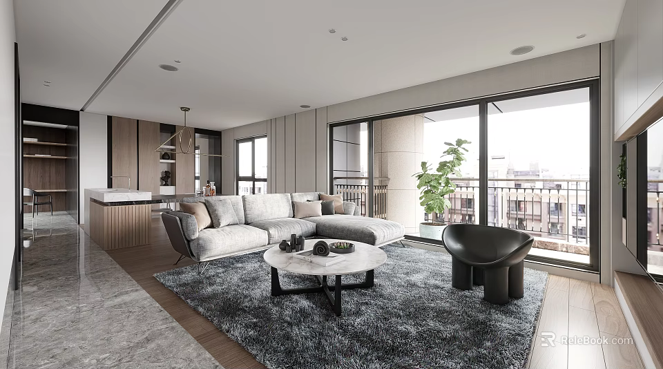 Modern Living Dining Room Interior With Sectional Sofa Coffee Table Area Rug And Floor to Ceiling Windows 3d model 