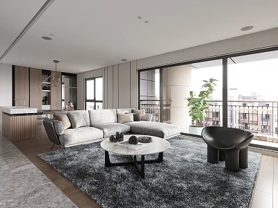 Modern Living Dining Room Interior With Sectional Sofa Coffee Table Area Rug And Floor to Ceiling Windows 3d model