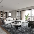 Modern Living Dining Room Interior With Sectional Sofa Coffee Table Area Rug And Floor to Ceiling Windows
