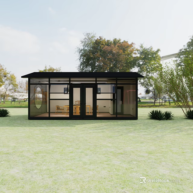 Modern Black Frame Tea House With Glass Walls Green Lawn And Trees 3d model 