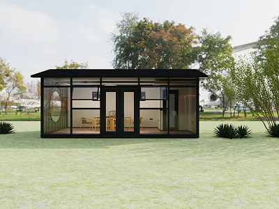 Modern Black Frame Tea House With Glass Walls Green Lawn And Trees 3d model