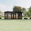 Modern Black Frame Tea House With Glass Walls Green Lawn And Trees