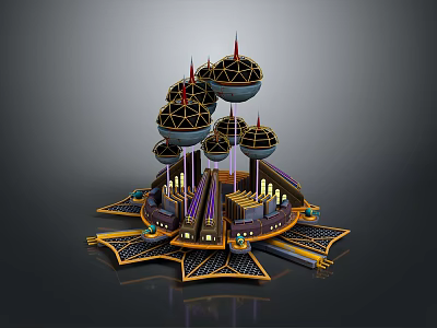Futuristic Architectural Structure Featuring Spherical Tops Spire Elements And Multi Layered Base 3d model