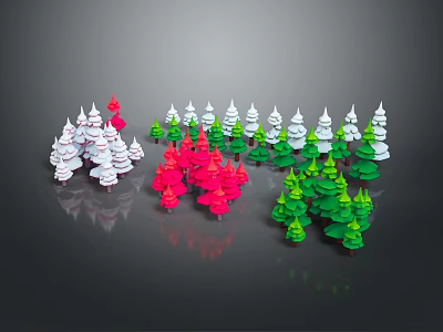 Cartoon Style Christmas Trees Scene With White Red Green Colors On Gray Background And Reflections 3d model