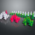 Cartoon Style Christmas Trees Scene With White Red Green Colors On Gray Background And Reflections