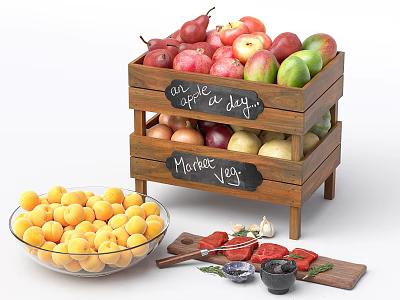 Two Tiered Wooden Crate With Assorted Fruits Pears Apples And Bowl Of Apricots 3d model
