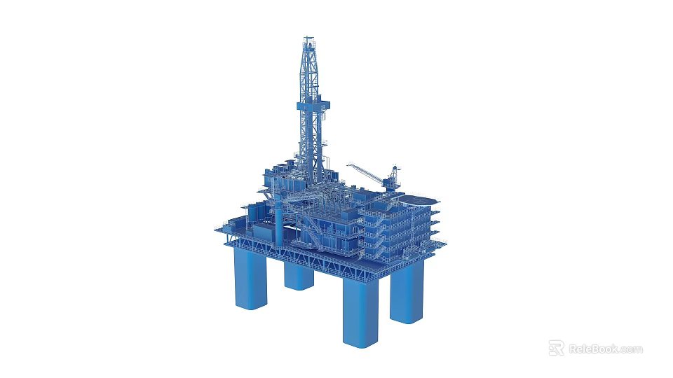 Blue Offshore Oil Drilling Platform With Drilling Rig And Support Columns 3d model 