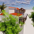 Tropical White Detached Villa With Palm Trees Greenery And Blue Sky