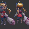 Anime Style Game Character With Twin Ponytails And Plush Doll Accessory