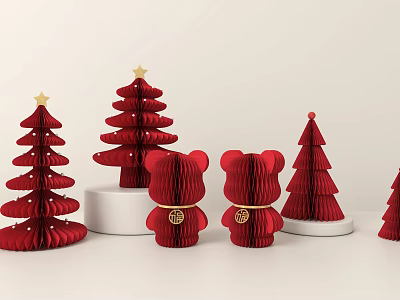 Red Christmas Tree And Bear Shaped Decorative Ornament Set For Holiday Home Decor 3d model