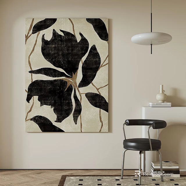 Abstract Black And Beige Floral Wall Art With Black Chair White Shelf Vase And Books 3d model