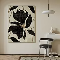 Abstract Black And Beige Floral Wall Art With Black Chair White Shelf Vase And Books 3d model